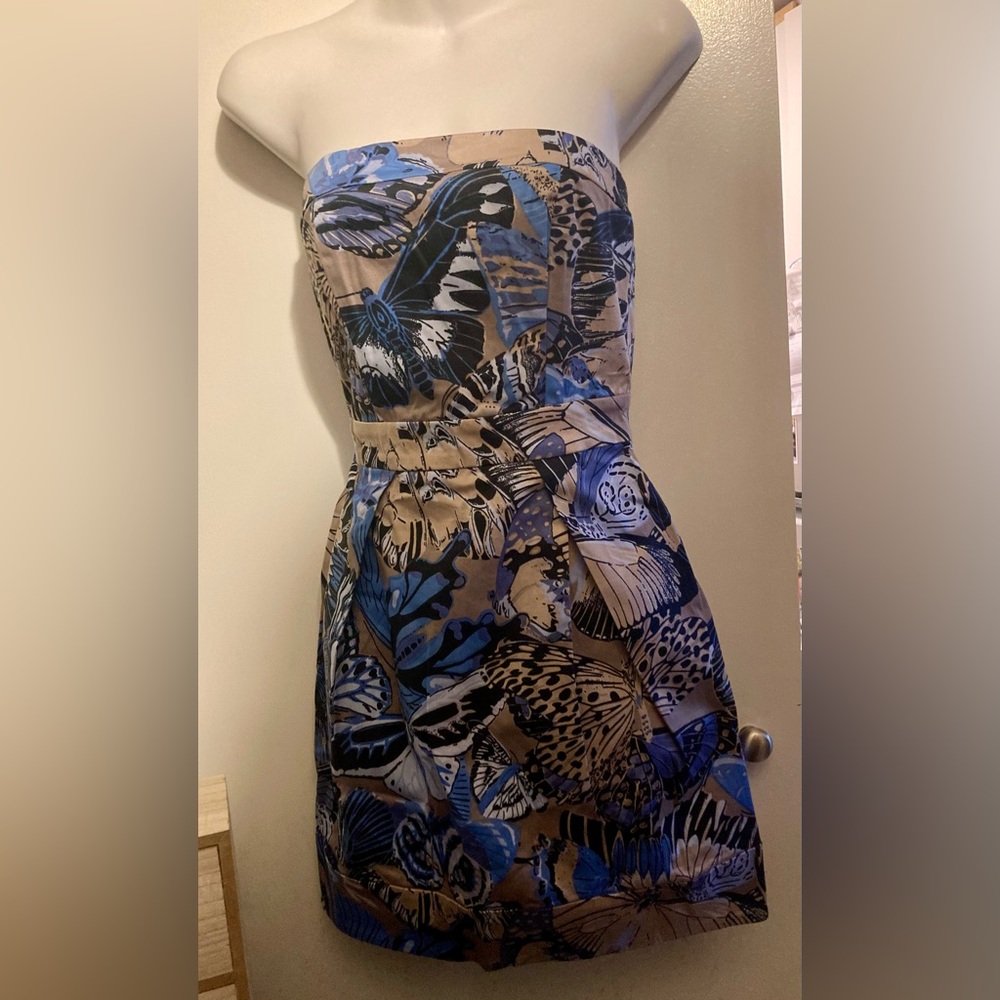French Connection Blue and Tan Strapless Dress with Pockets